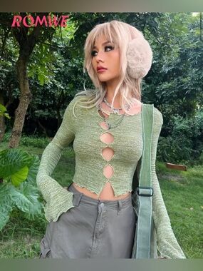 SHEIN Olive Green Ribbed Cutout Lettuce-Edge Long Sleeve Crop Top